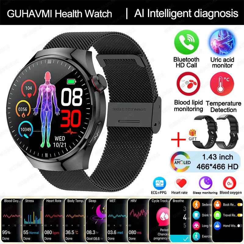 2025 Nursing-Grade Health Smartwatch – ECG PPG Bluetooth Call