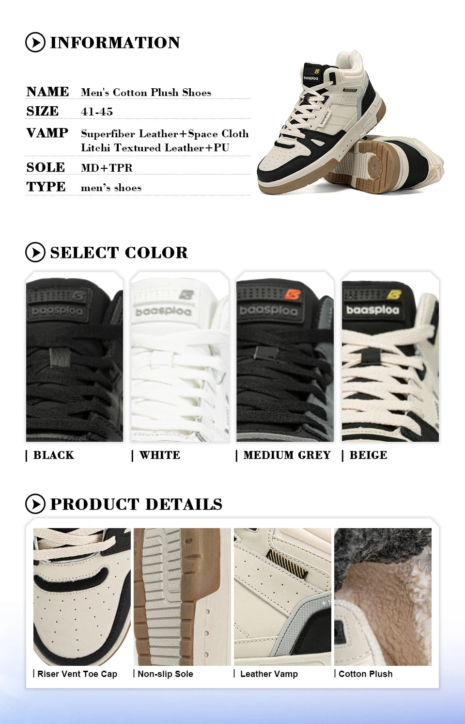 Baasploa Men’s Winter Sneakers – Plush Warm Non-Slip Casual Shoes