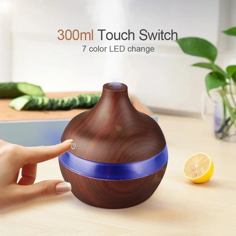 300ML Ultrasonic Aroma Humidifier – Wood Grain Essential Oil Diffuser