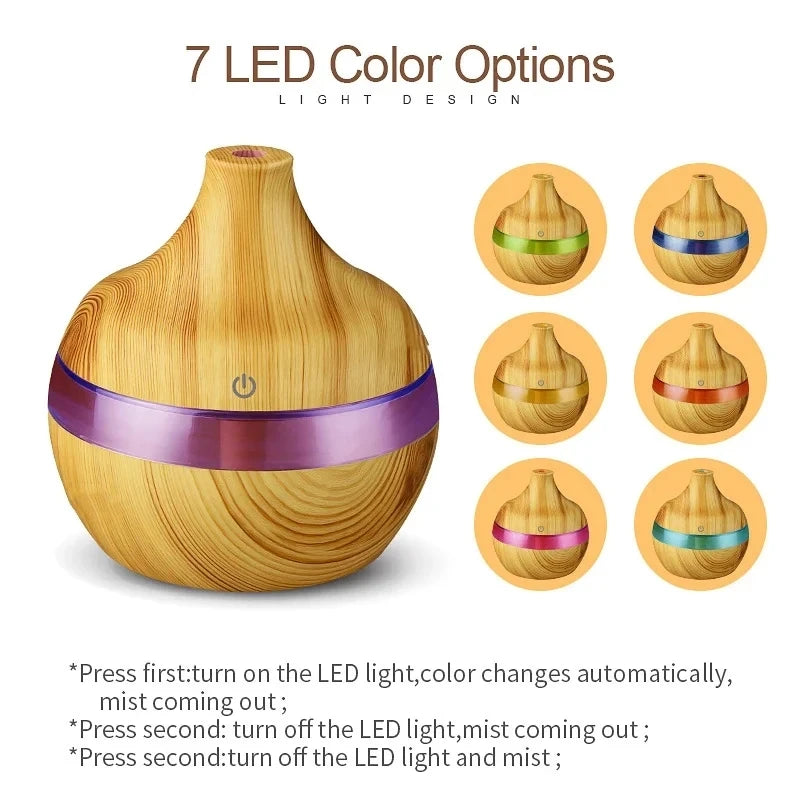 300ML Ultrasonic Aroma Humidifier – Wood Grain Essential Oil Diffuser