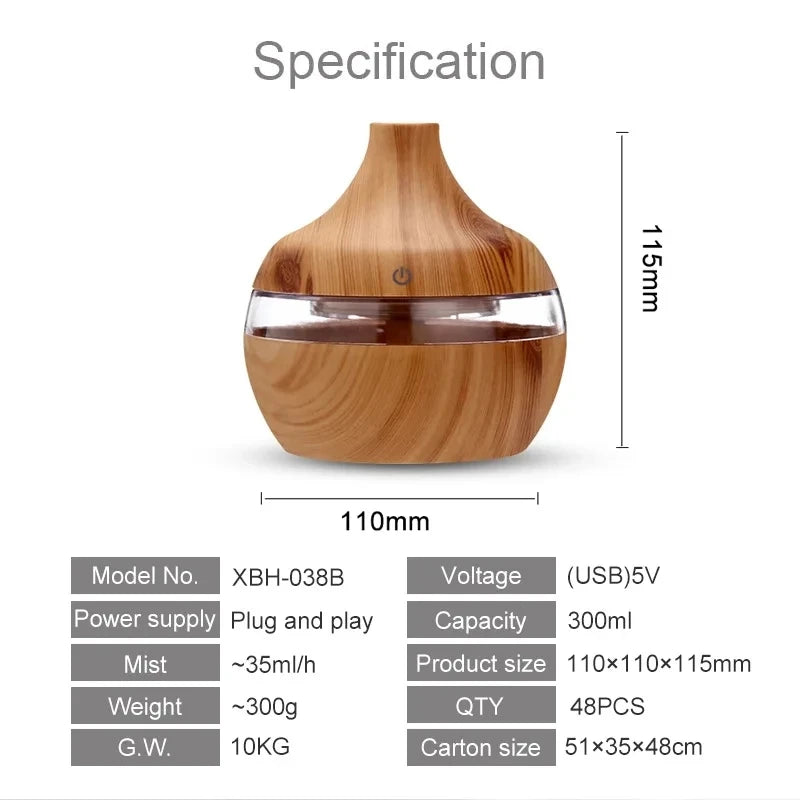 300ML Ultrasonic Aroma Humidifier – Wood Grain Essential Oil Diffuser