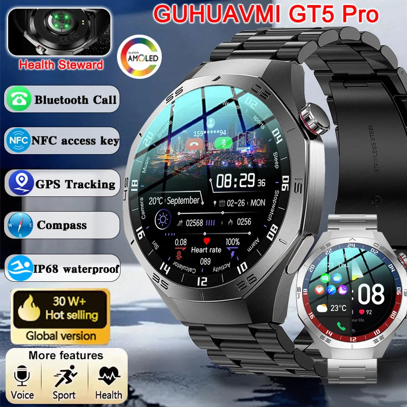 GUHUAVMI GT5 Pro Smartwatch – HD AMOLED GPS Heart Rate Tracker