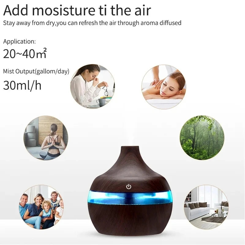 300ML Ultrasonic Aroma Humidifier – Wood Grain Essential Oil Diffuser